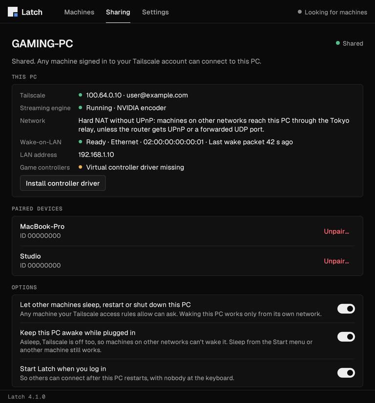 The Sharing tab of Latch on a Windows PC named GAMING-PC, marked Shared. It lists the PC's Tailscale address, the streaming engine running on an NVIDIA encoder, a hard NAT note, Wake-on-LAN ready over Ethernet, and a missing game-controller driver with an Install controller driver button. Below are two paired devices, MacBook-Pro and Studio, and options such as letting other machines sleep, restart or shut the PC down.