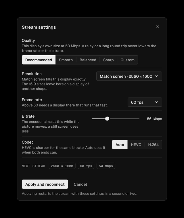 Latch stream settings. Quality: Recommended, selected, Smooth, Balanced, Sharp or Custom. Resolution: Match screen, 2560 × 1600. Frame rate: 60 fps. Bitrate: a slider at 50 Mbps. Codec: Auto, HEVC or H.264. Below, the next stream, 2560 × 1600, 60 fps, 50 Mbps, and an Apply and reconnect button.